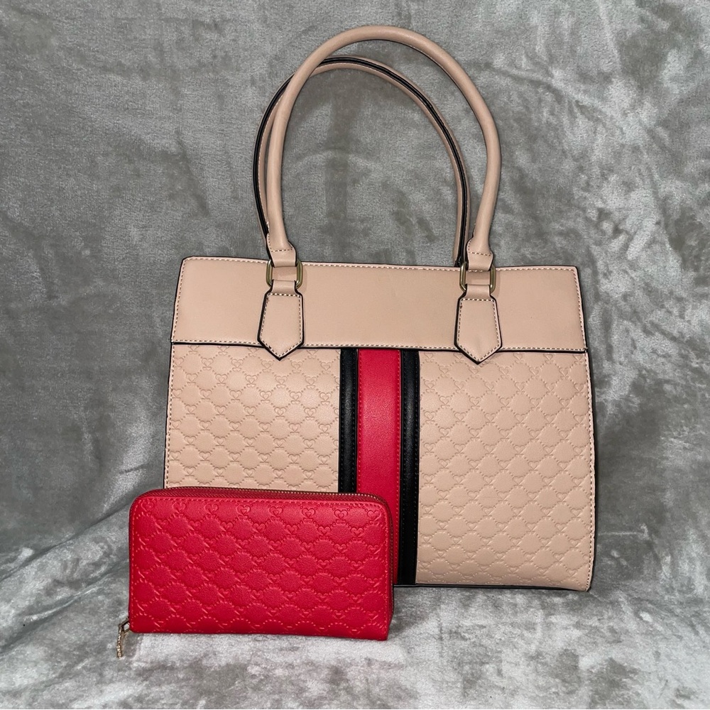 Chic Quilted Beige Tote Purse and Red Wallet Set New Without Tags Elegant